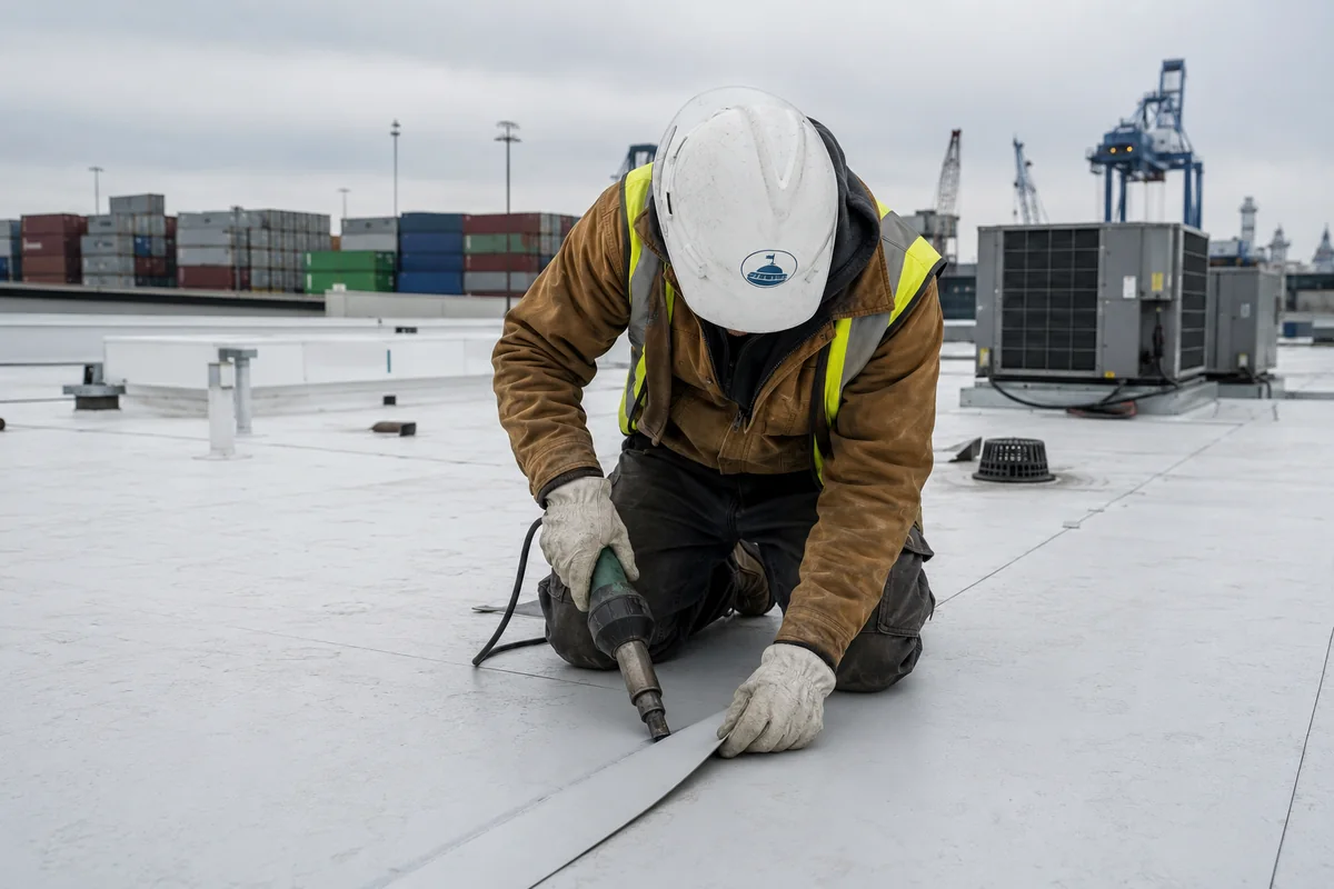 Roofing crew working on a property in Fife, WA