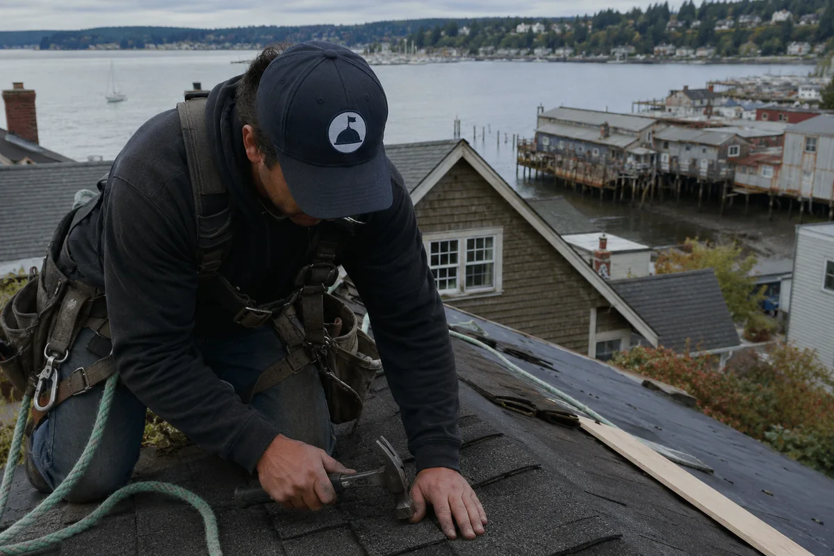 Roofing crew working on a property in Gig Harbor, WA