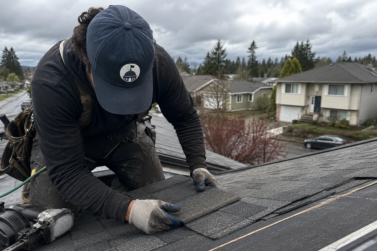Roofing crew working on a property in Lakewood, WA
