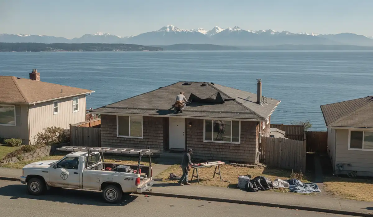 Roofing crew working on a property in University Place, WA